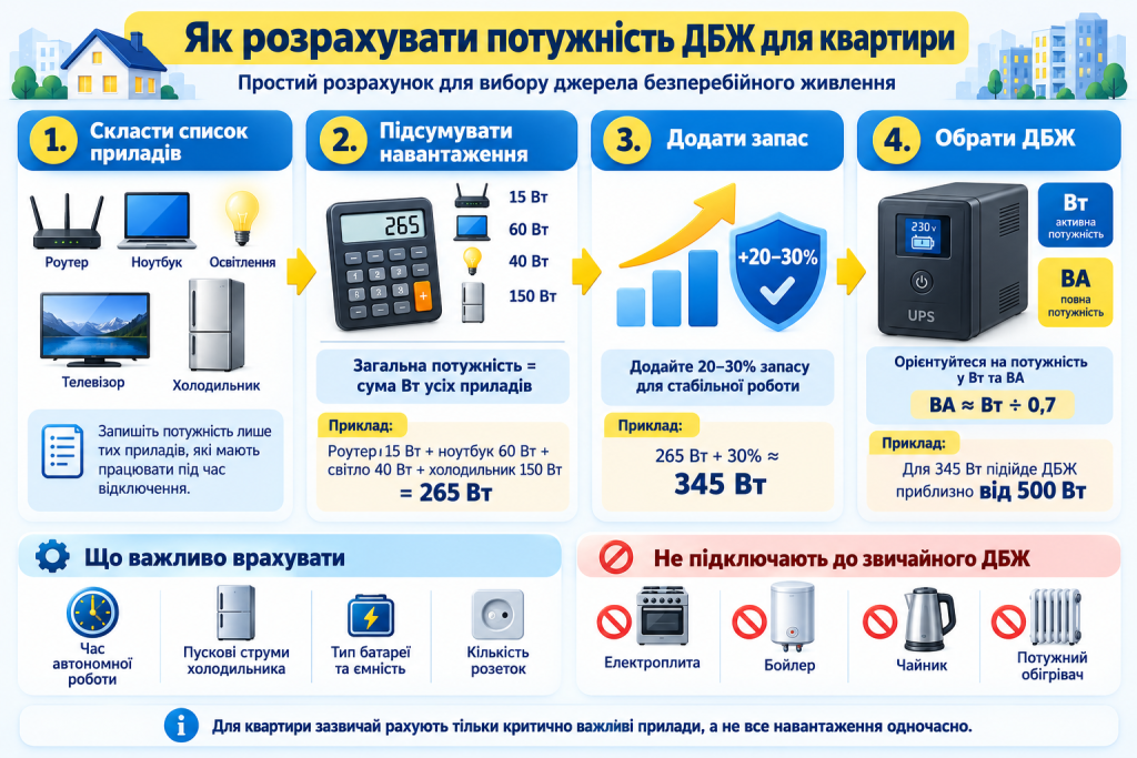 Інфографіка з покроковим розрахунком необхідної потужності джерела безперебійного живлення для роутера, ноутбука, освітлення та інших домашніх пристроїв.