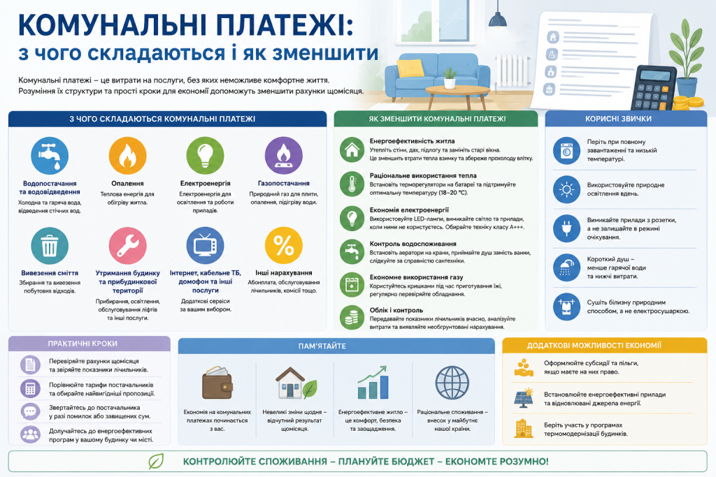 Інфографіка про склад комунальних платежів, економію води, газу, електроенергії та опалення